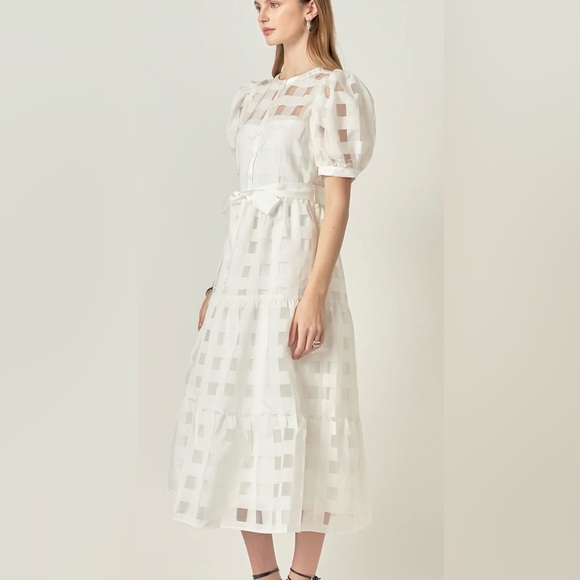 English Factory White Check Puff Sleeve Midi Dress - Picture 3 of 12